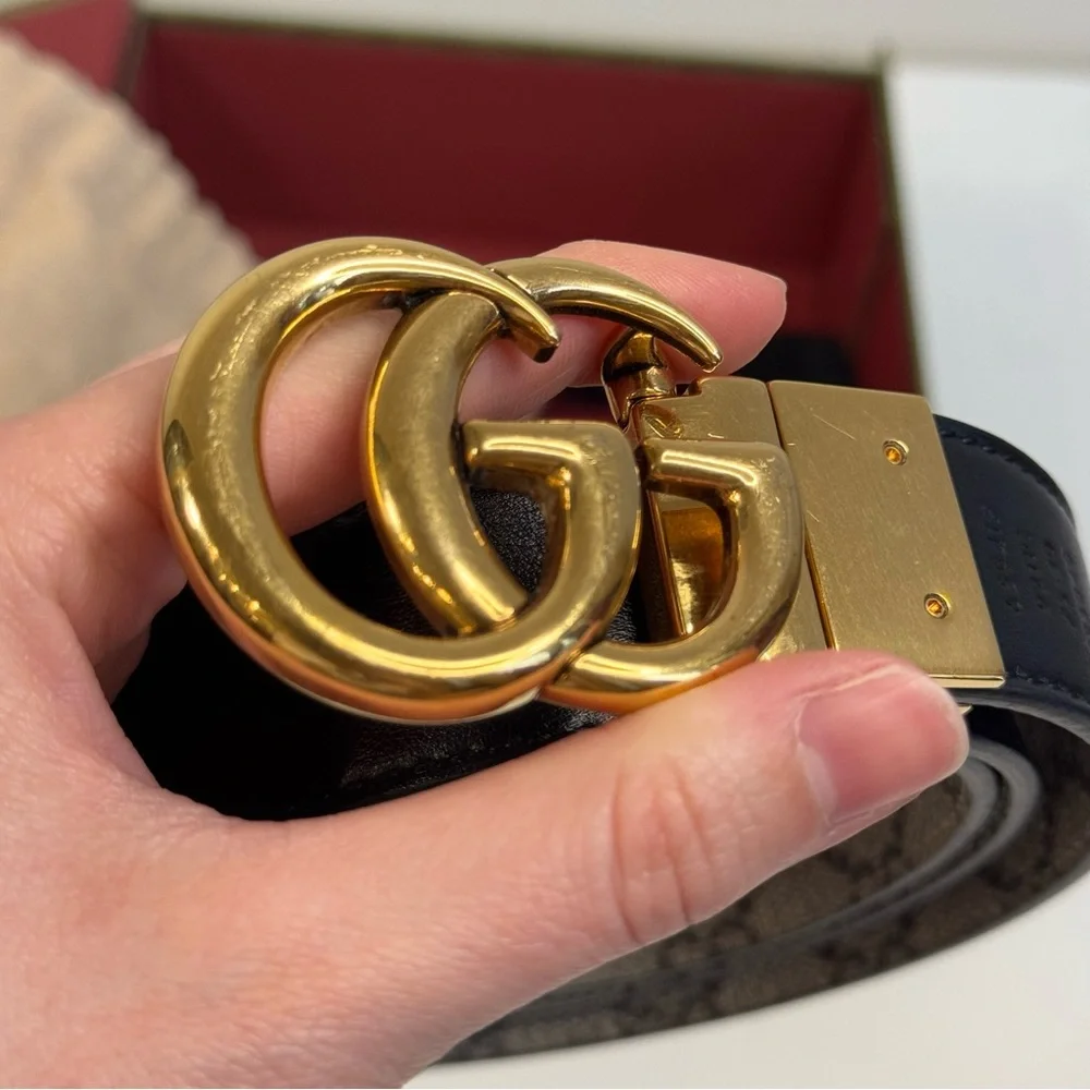 Gucci GG Marmont black gold tan reversible women’s belt - Picture 7 of 13